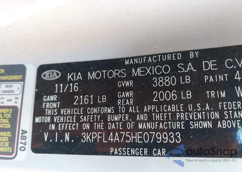 2017 Kia Forte Lx from USA, damaged, VIN 3KPFL4A75HE079933